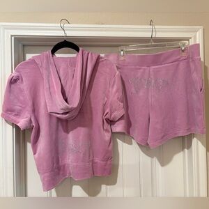 Juicy Couture Dewberry Pink Velour Rhinestone Hoodie and Shorts Set Large NWT